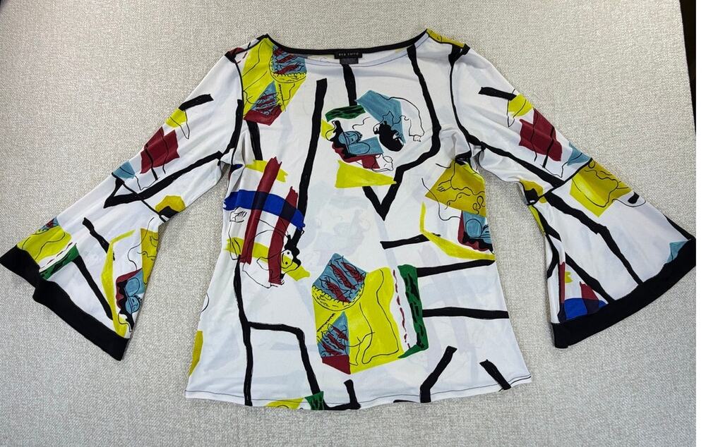 Eva Varro Women Medium Cream Black Abstract Print Flare Long Sleeve Pullover Top